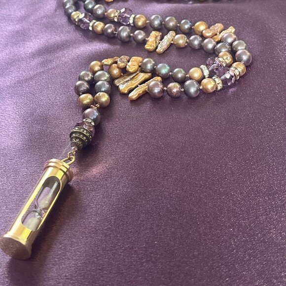 Hand Knotted Mixed Pearl Long Necklace with Real Hourglass Pendant OOAK - Picture 1 of 7
